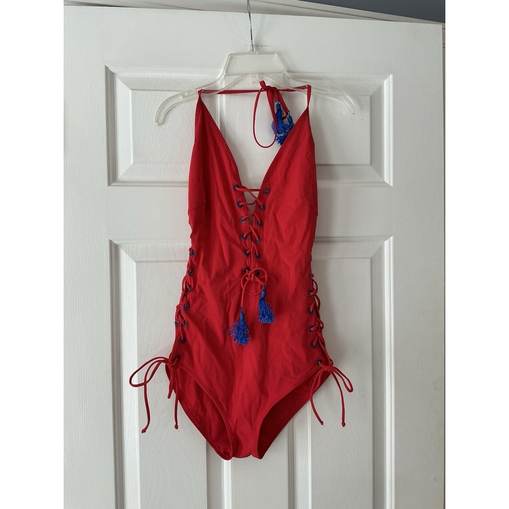 Emma Pake Carlotta Red Blue One‎ Piece Swimsuit Whip stitch Size Large USA Flag